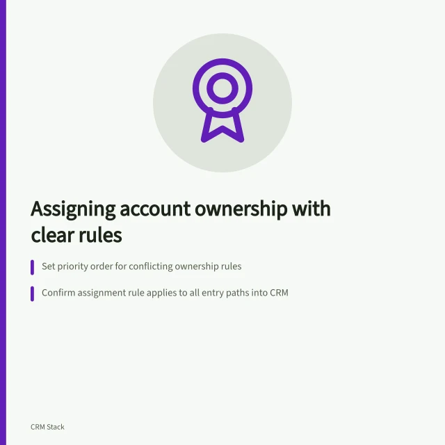 Assigning account ownership with clear rules: Set priority order for conflicting ownership rules; Confirm assignment rule applies to all entry paths into CRM; Protect intentional owners by recording transfers and open commitments. Assigning account ownership with clear rules