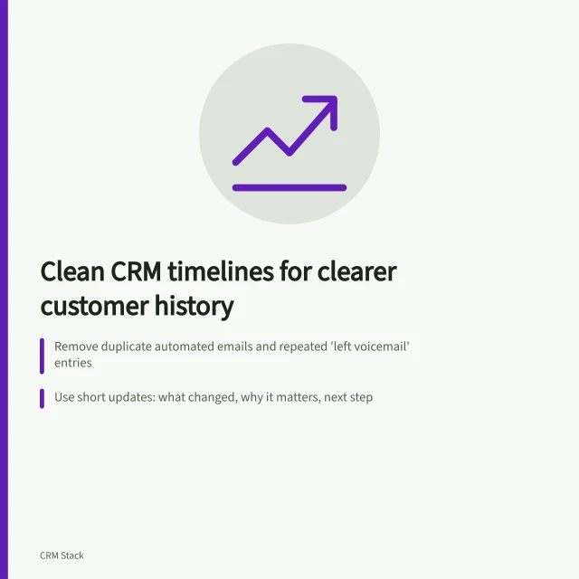 Clean CRM timelines for clearer customer history: Remove duplicate automated emails and repeated 'left voicemail' entries; Use short updates: what changed, why it matters, next step; Filter non-essential activity types; confirm visibility rules in CRM. Avoiding activity logs that obscure the customer history