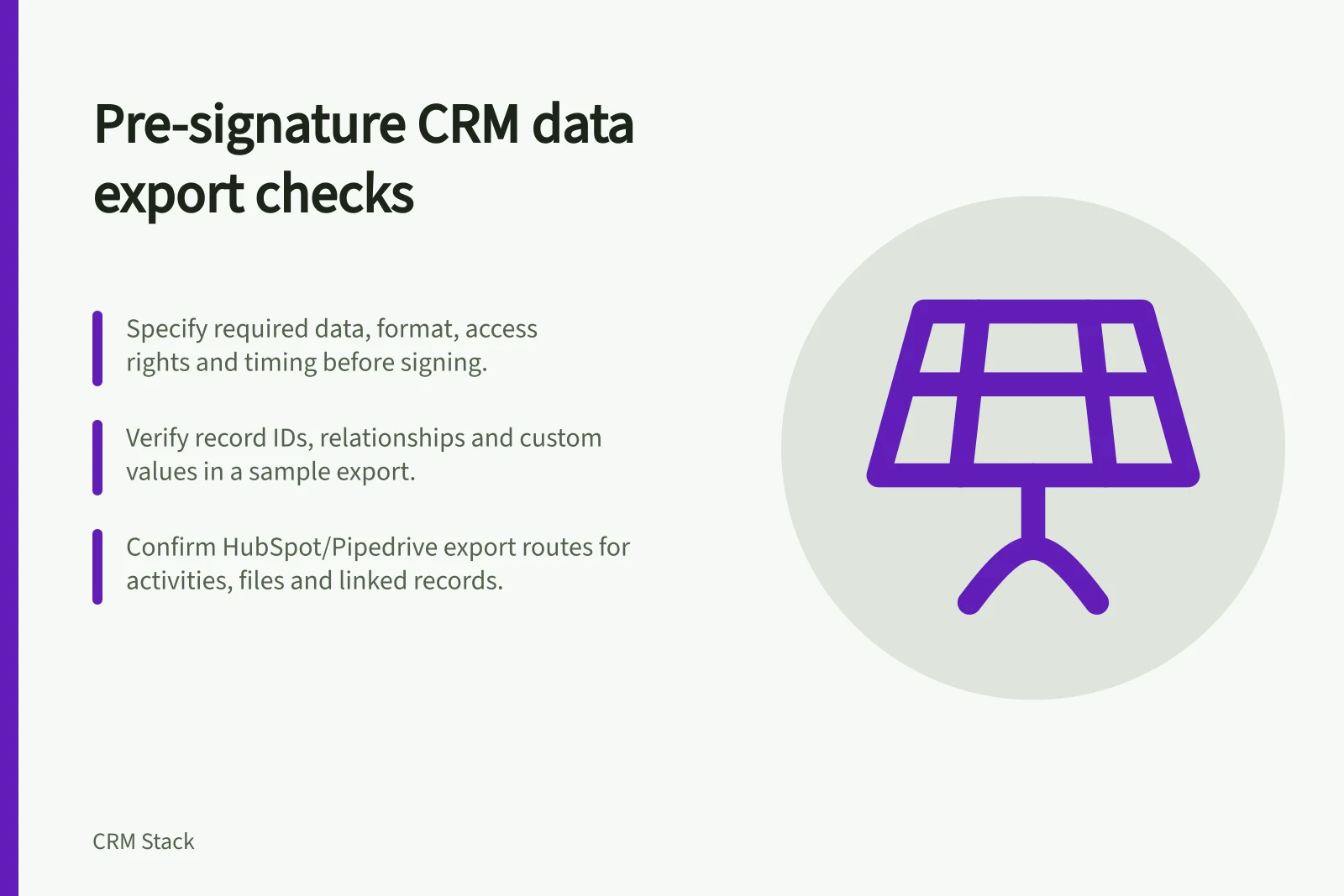 Pre-signature CRM data export checks: Specify required data, format, access rights and timing before signing.; Verify record IDs, relationships and custom values in a sample export.; Confirm HubSpot/Pipedrive export routes for activities, files and linked records.