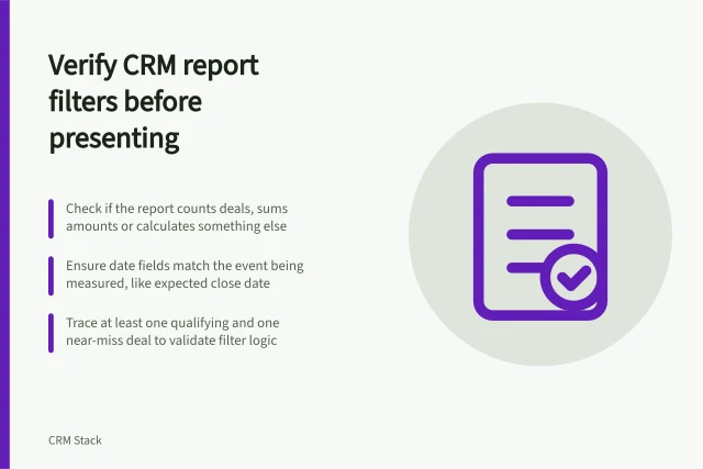 Verify CRM report filters before presenting: Check if the report counts deals, sums amounts or calculates something else; Ensure date fields match the event being measured, like expected close date; Trace at least one qualifying and one near-miss deal to validate filter logic. Checking report filters before presenting results