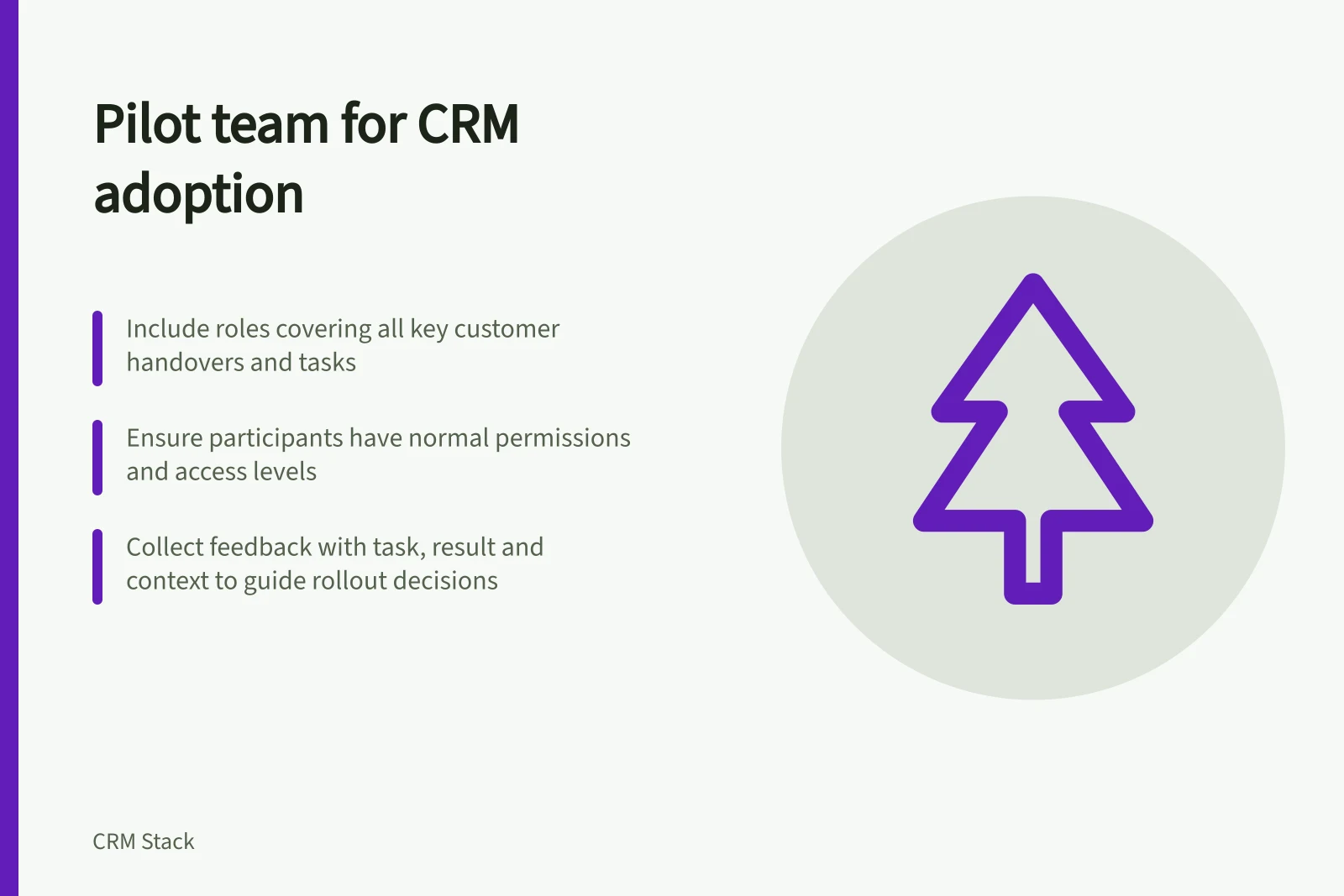 Pilot team for CRM adoption: Include roles covering all key customer handovers and tasks; Ensure participants have normal permissions and access levels; Collect feedback with task, result and context to guide rollout decisions