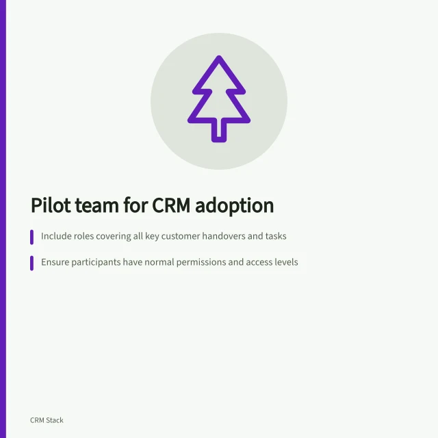 Pilot team for CRM adoption: Include roles covering all key customer handovers and tasks; Ensure participants have normal permissions and access levels; Collect feedback with task, result and context to guide rollout decisions. Choosing a pilot team for CRM adoption