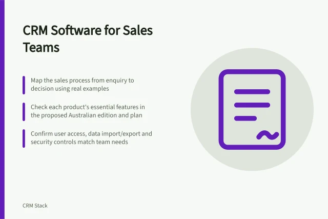 CRM Software for Sales Teams: Map the sales process from enquiry to decision using real examples; Check each product's essential features in the proposed Australian edition and plan; Confirm user access, data import/export and security controls match team needs. Choosing CRM software for a sales team