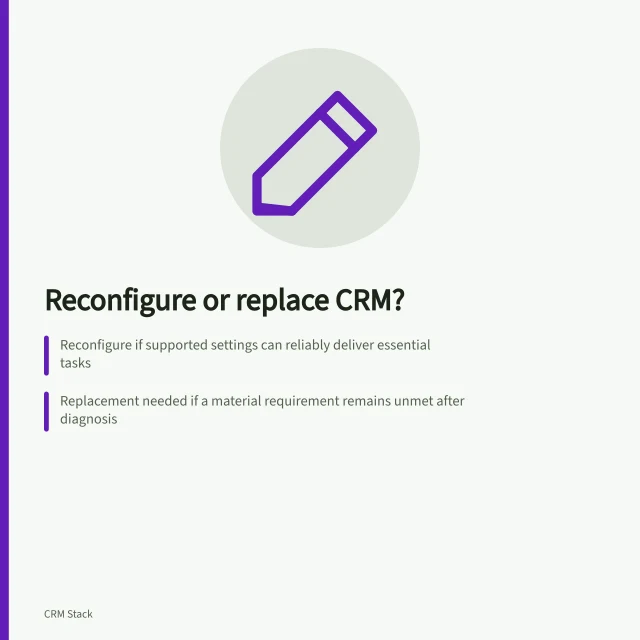 Reconfigure or replace CRM?: Reconfigure if supported settings can reliably deliver essential tasks; Replacement needed if a material requirement remains unmet after diagnosis; Include history transfer, integrations and training effort in the decision. Comparing reconfiguration with replacing the CRM