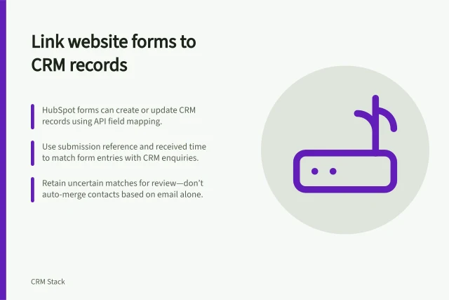 Link website forms to CRM records: HubSpot forms can create or update CRM records using API field mapping.; Use submission reference and received time to match form entries with CRM enquiries.; Retain uncertain matches for review—don’t auto-merge contacts based on email alone. Connecting website enquiries to CRM records