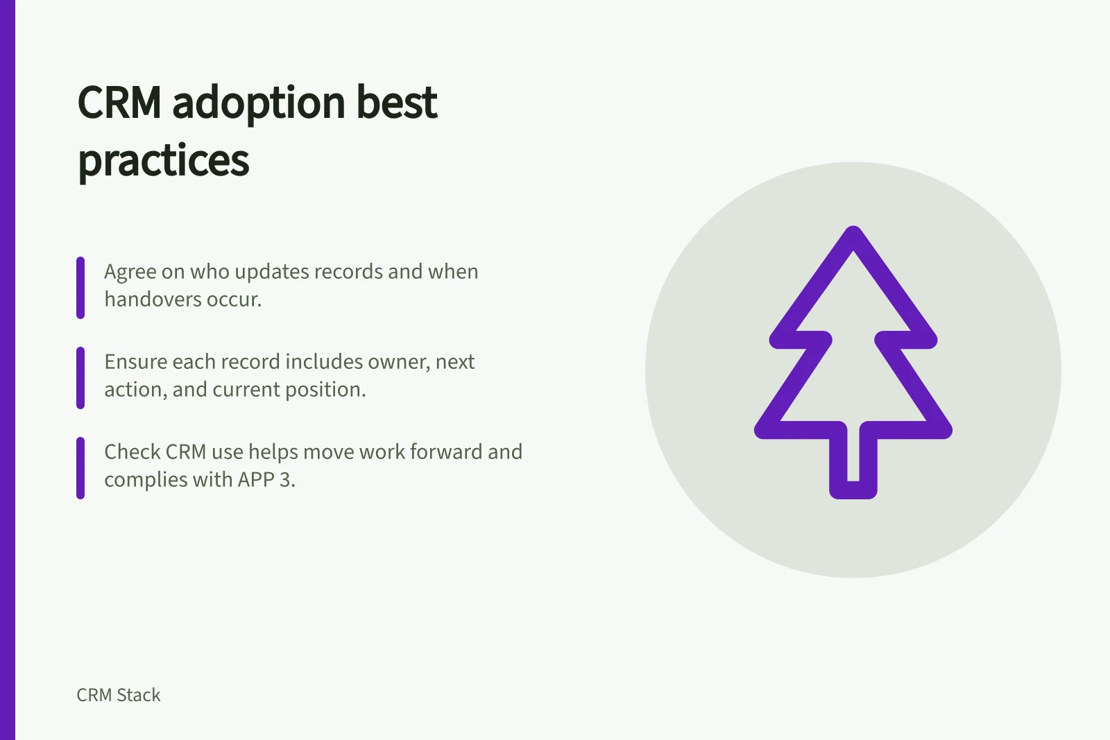 CRM adoption best practices: Agree on who updates records and when handovers occur.; Ensure each record includes owner, next action, and current position.; Check CRM use helps move work forward and complies with APP 3.