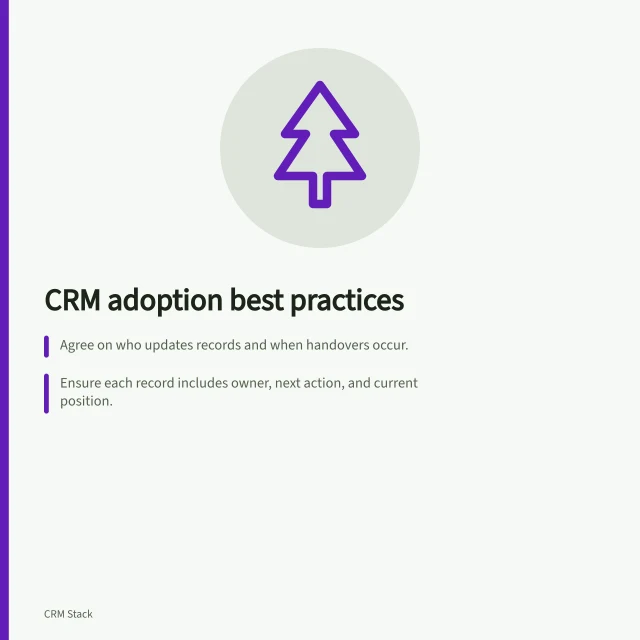 CRM adoption best practices: Agree on who updates records and when handovers occur.; Ensure each record includes owner, next action, and current position.; Check CRM use helps move work forward and complies with APP 3. CRM adoption and operating routines