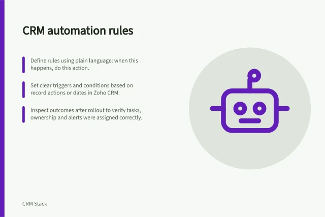 CRM automation rules: Define rules using plain language: when this happens, do this action.; Set clear triggers and conditions based on record actions or dates in Zoho CRM.; Inspect outcomes after rollout to verify tasks, ownership and alerts were assigned correctly. CRM automation