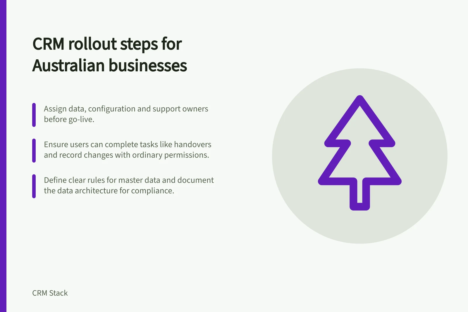 CRM rollout steps for Australian businesses: Assign data, configuration and support owners before go-live.; Ensure users can complete tasks like handovers and record changes with ordinary permissions.; Define clear rules for master data and document the data architecture for compliance.