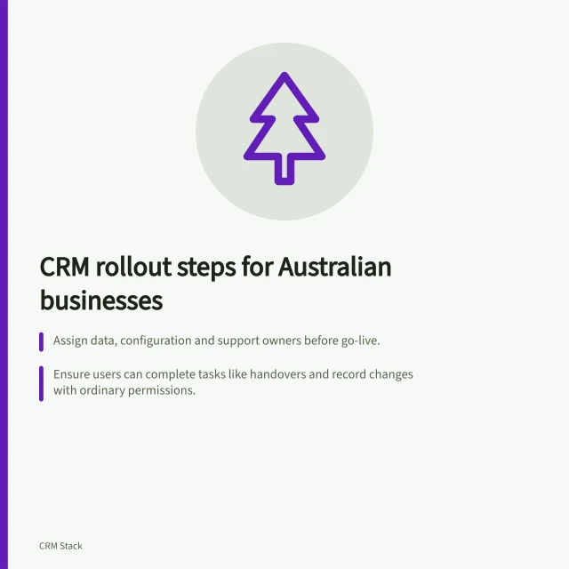 CRM rollout steps for Australian businesses: Assign data, configuration and support owners before go-live.; Ensure users can complete tasks like handovers and record changes with ordinary permissions.; Define clear rules for master data and document the data architecture for compliance. CRM implementation