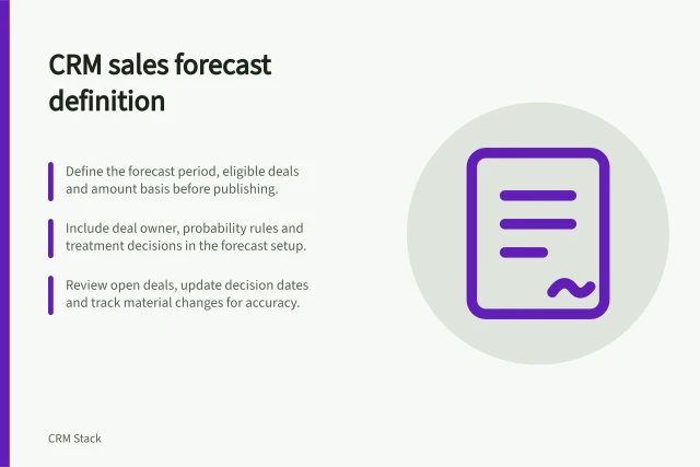 CRM sales forecast definition: Define the forecast period, eligible deals and amount basis before publishing.; Include deal owner, probability rules and treatment decisions in the forecast setup.; Review open deals, update decision dates and track material changes for accuracy. Defining a CRM sales forecast