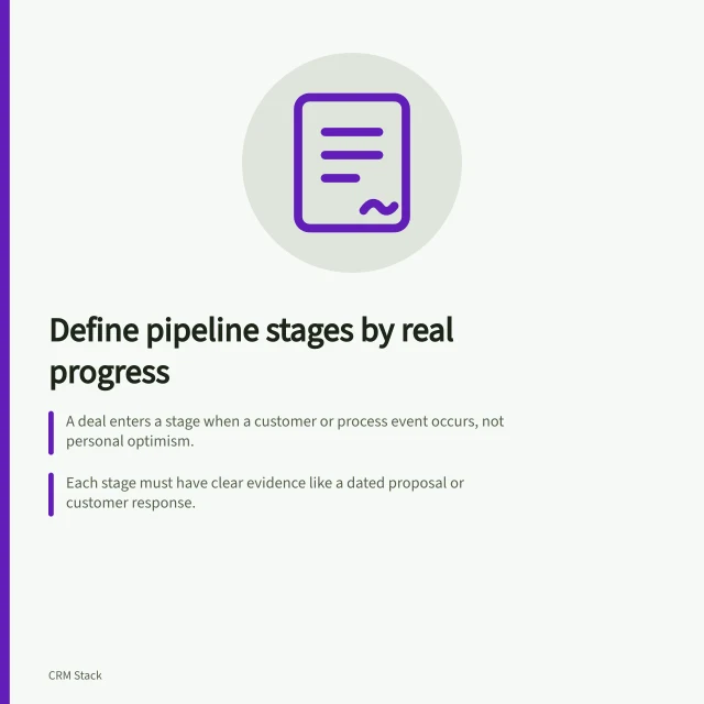 Define pipeline stages by real progress: A deal enters a stage when a customer or process event occurs, not personal optimism.; Each stage must have clear evidence like a dated proposal or customer response.; Two people reading the same deal should agree on its stage without needing salesperson insight. Defining pipeline stages from observable progress