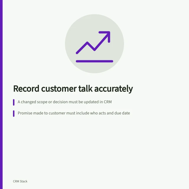 Record customer talk accurately: A changed scope or decision must be updated in CRM; Promise made to customer must include who acts and due date; Uncertain details must stay marked as open. Defining what must be recorded after a customer conversation