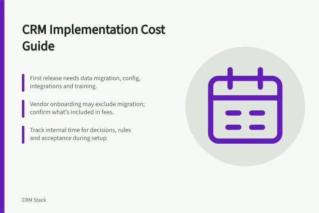 CRM Implementation Cost Guide: First release needs data migration, config, integrations and training.; Vendor onboarding may exclude migration; confirm what's included in fees.; Track internal time for decisions, rules and acceptance during setup. Estimating CRM implementation and support costs
