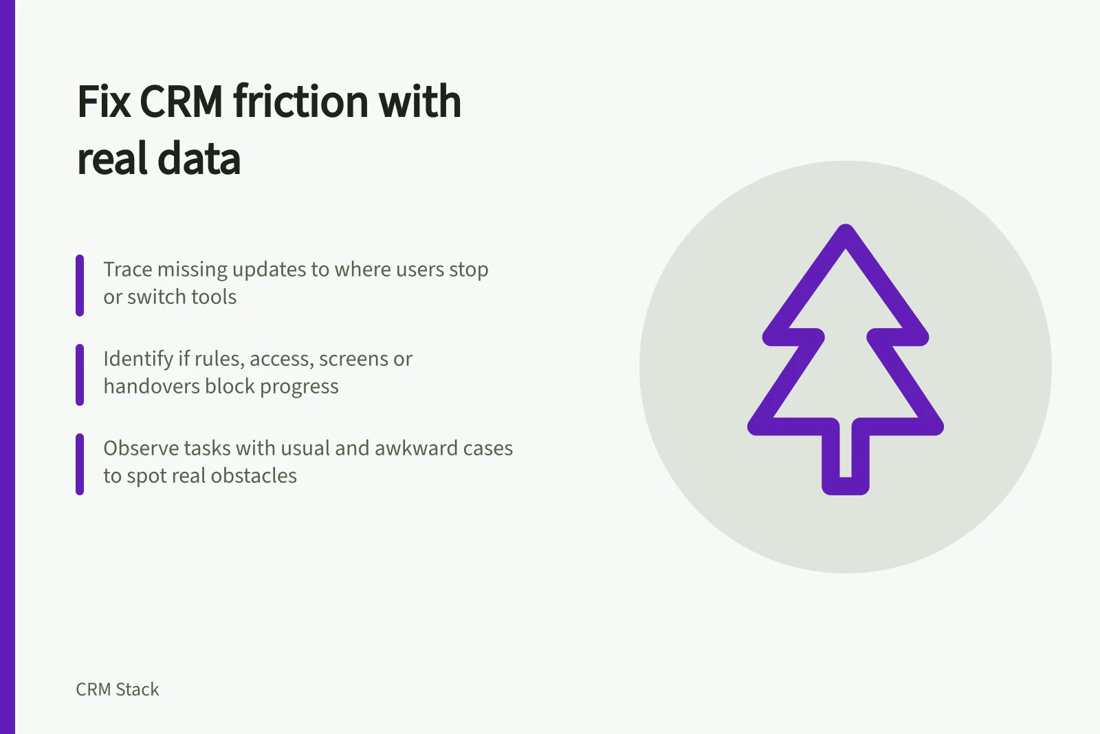 Fix CRM friction with real data: Trace missing updates to where users stop or switch tools; Identify if rules, access, screens or handovers block progress; Observe tasks with usual and awkward cases to spot real obstacles