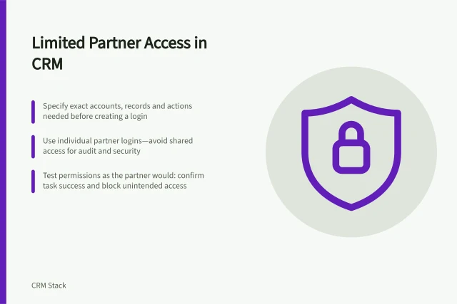 Limited Partner Access in CRM: Specify exact accounts, records and actions needed before creating a login; Use individual partner logins—avoid shared access for audit and security; Test permissions as the partner would: confirm task success and block unintended access. Giving an external partner limited account access