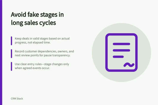 Avoid fake stages in long sales cycles: Keep deals in valid stages based on actual progress, not elapsed time.; Record customer dependencies, owners, and next review points for pause transparency.; Use clear entry rules—stage changes only when agreed events occur. Modelling long sales cycles without artificial stages