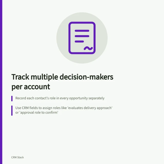 Track multiple decision-makers per account: Record each contact’s role in every opportunity separately; Use CRM fields to assign roles like 'evaluates delivery approach' or 'approval role to confirm'; Keep role updates visible—don’t change a person’s identity even if their role changes. Modelling several decision-makers in one account