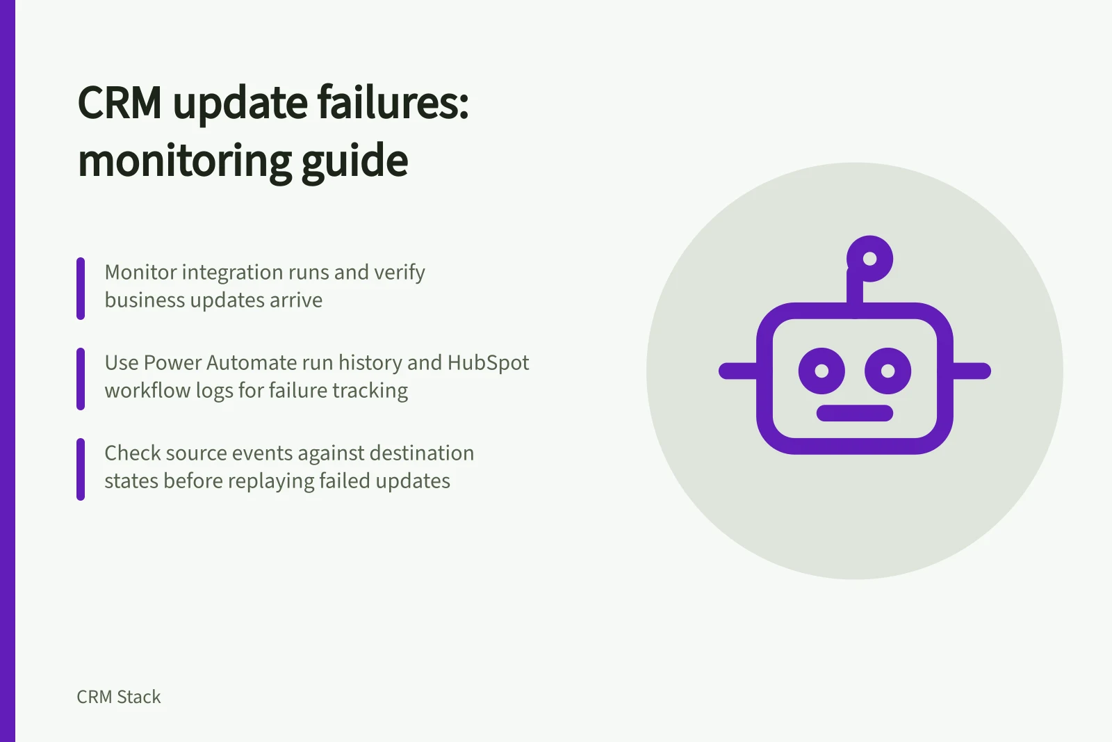 CRM update failures: monitoring guide: Monitor integration runs and verify business updates arrive; Use Power Automate run history and HubSpot workflow logs for failure tracking; Check source events against destination states before replaying failed updates
