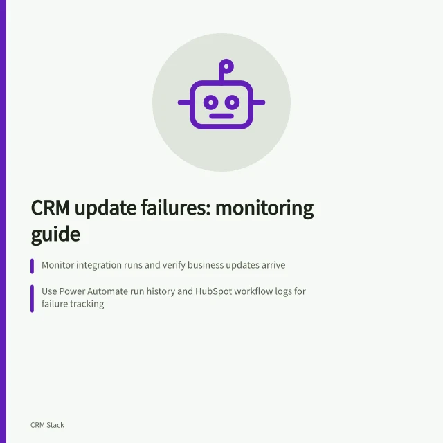CRM update failures: monitoring guide: Monitor integration runs and verify business updates arrive; Use Power Automate run history and HubSpot workflow logs for failure tracking; Check source events against destination states before replaying failed updates. Monitoring failed CRM updates