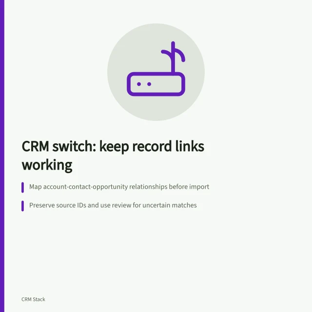 CRM switch: keep record links working: Map account-contact-opportunity relationships before import; Preserve source IDs and use review for uncertain matches; Collect history separately under retention rules. Planning a CRM switch with record relationships intact