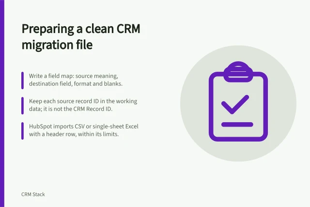Preparing a clean CRM migration file: Write a field map: source meaning, destination field, format and blanks.; Keep each source record ID in the working data; it is not the CRM Record ID.; HubSpot imports CSV or single-sheet Excel with a header row, within its limits. Preparing a clean CRM migration file