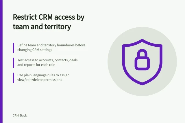 Restrict CRM access by team and territory: Define team and territory boundaries before changing CRM settings; Test access to accounts, contacts, deals and reports for each role; Use plain language rules to assign view/edit/delete permissions. Restricting access by team and territory: design and test