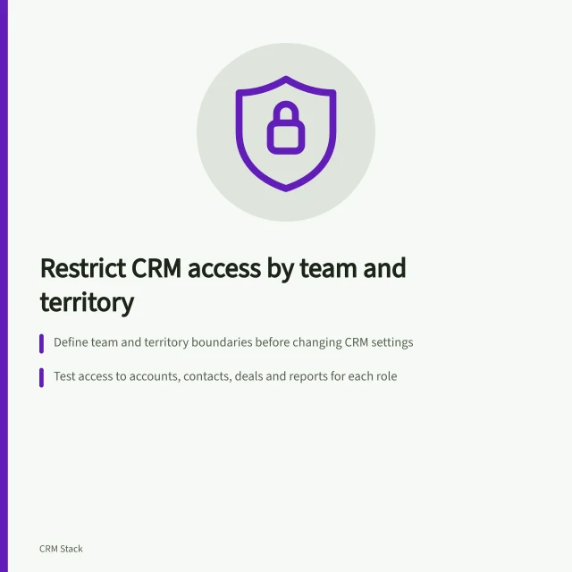 Restrict CRM access by team and territory: Define team and territory boundaries before changing CRM settings; Test access to accounts, contacts, deals and reports for each role; Use plain language rules to assign view/edit/delete permissions. Restricting access by team and territory: design and test