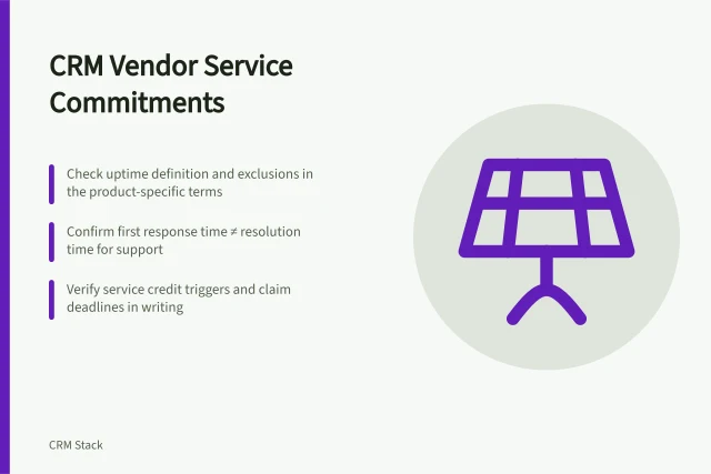CRM Vendor Service Commitments: Check uptime definition and exclusions in the product-specific terms; Confirm first response time ≠ resolution time for support; Verify service credit triggers and claim deadlines in writing. Reviewing a CRM vendor's service commitments