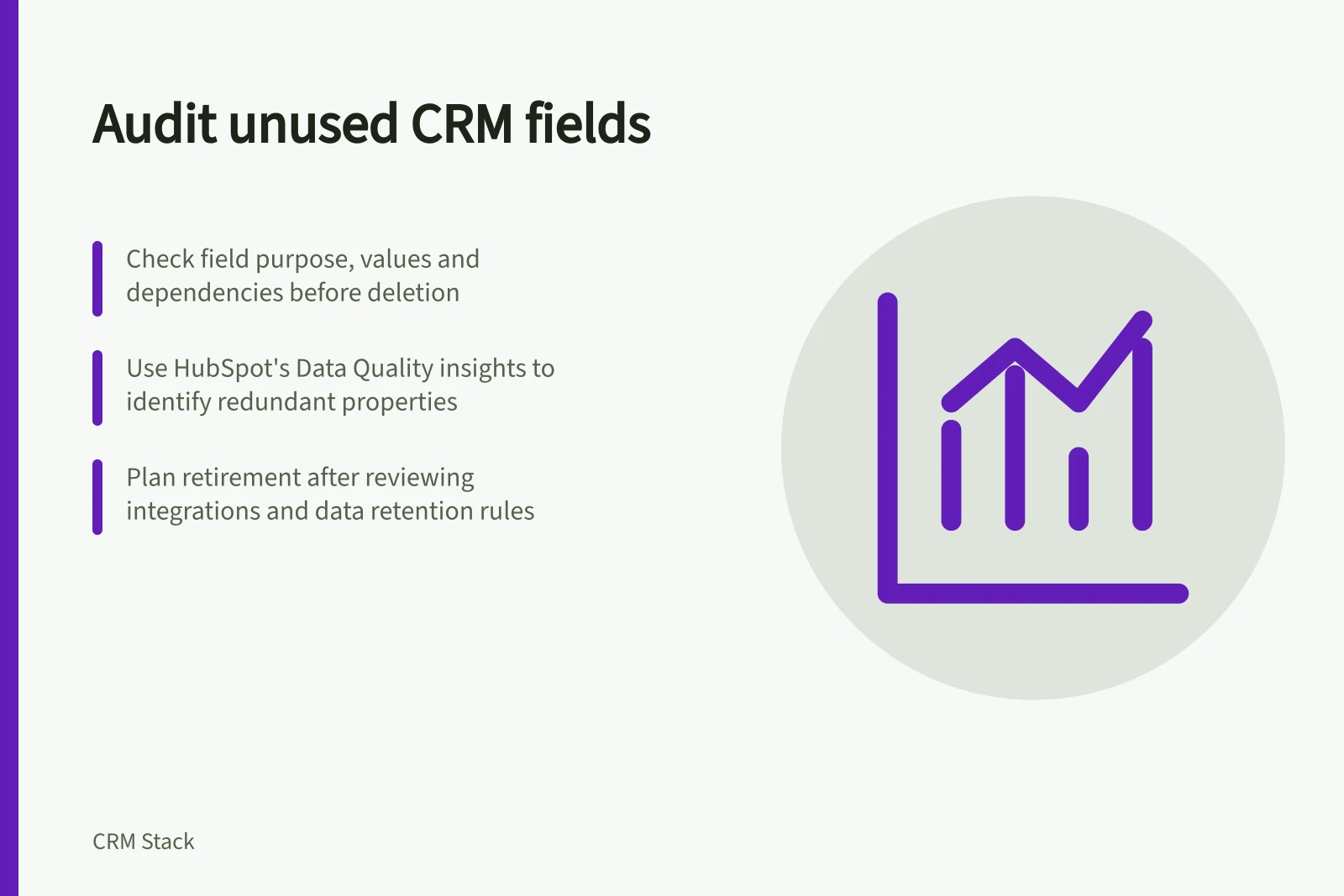 Audit unused CRM fields: Check field purpose, values and dependencies before deletion; Use HubSpot's Data Quality insights to identify redundant properties; Plan retirement after reviewing integrations and data retention rules