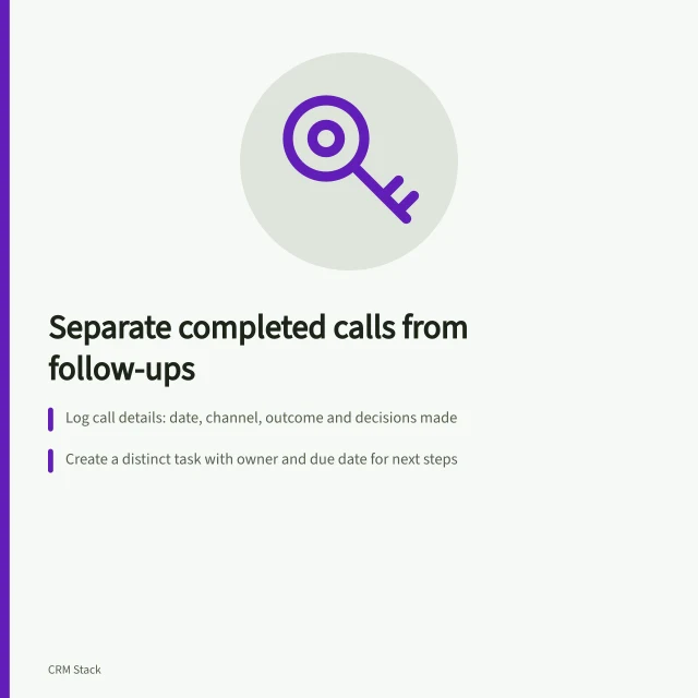 Separate completed calls from follow-ups: Log call details: date, channel, outcome and decisions made; Create a distinct task with owner and due date for next steps; Record unanswered calls accurately—don’t label as conversations. Separating completed activity from scheduled follow-up