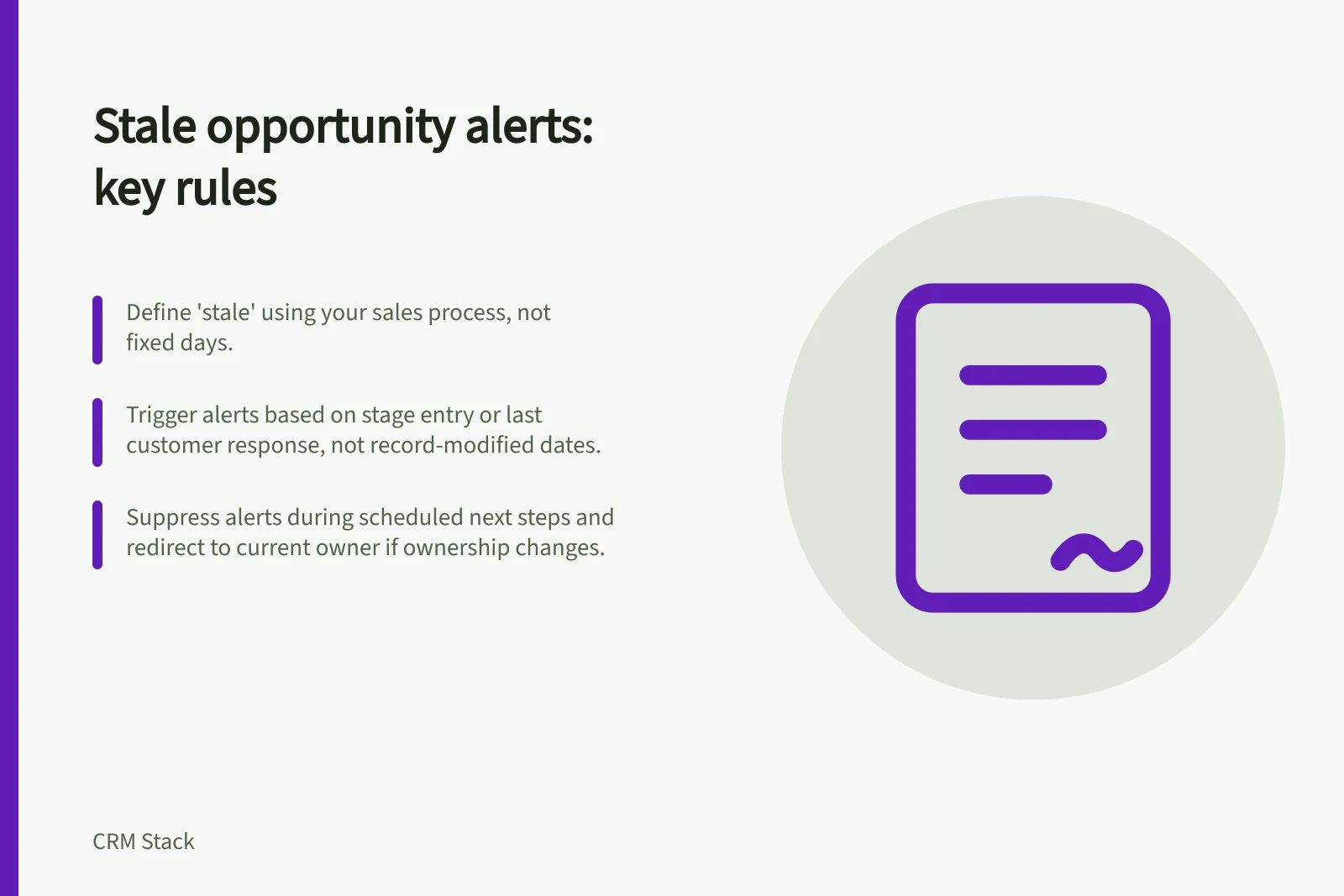 Stale opportunity alerts: key rules: Define 'stale' using your sales process, not fixed days.; Trigger alerts based on stage entry or last customer response, not record-modified dates.; Suppress alerts during scheduled next steps and redirect to current owner if ownership changes.