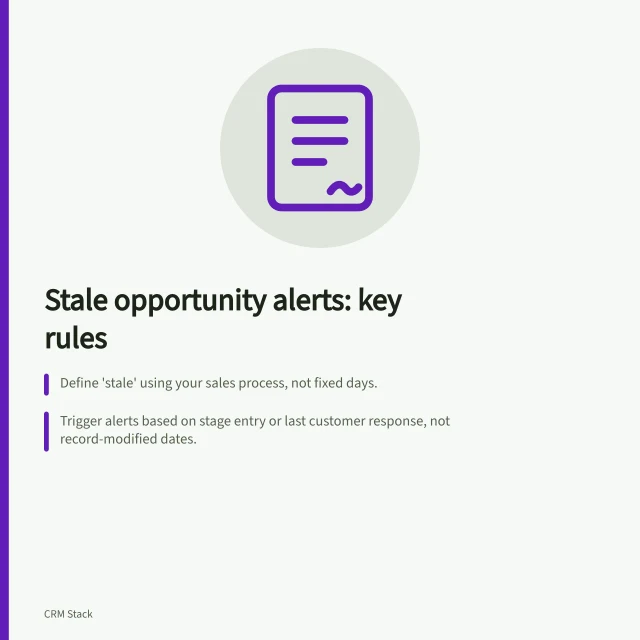 Stale opportunity alerts: key rules: Define 'stale' using your sales process, not fixed days.; Trigger alerts based on stage entry or last customer response, not record-modified dates.; Suppress alerts during scheduled next steps and redirect to current owner if ownership changes. Triggering alerts for stale opportunities